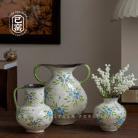 Jingdezhen Ceramic Vase with Double Handles for Dried or Fresh Flowers, New Chinese Style Living Room Entrance Home Decor
