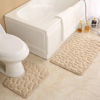 Pebble Embossed Coral Fleece Bathroom Mat Set - Non-Slip Absorbent Toilet U-Shape Rugs