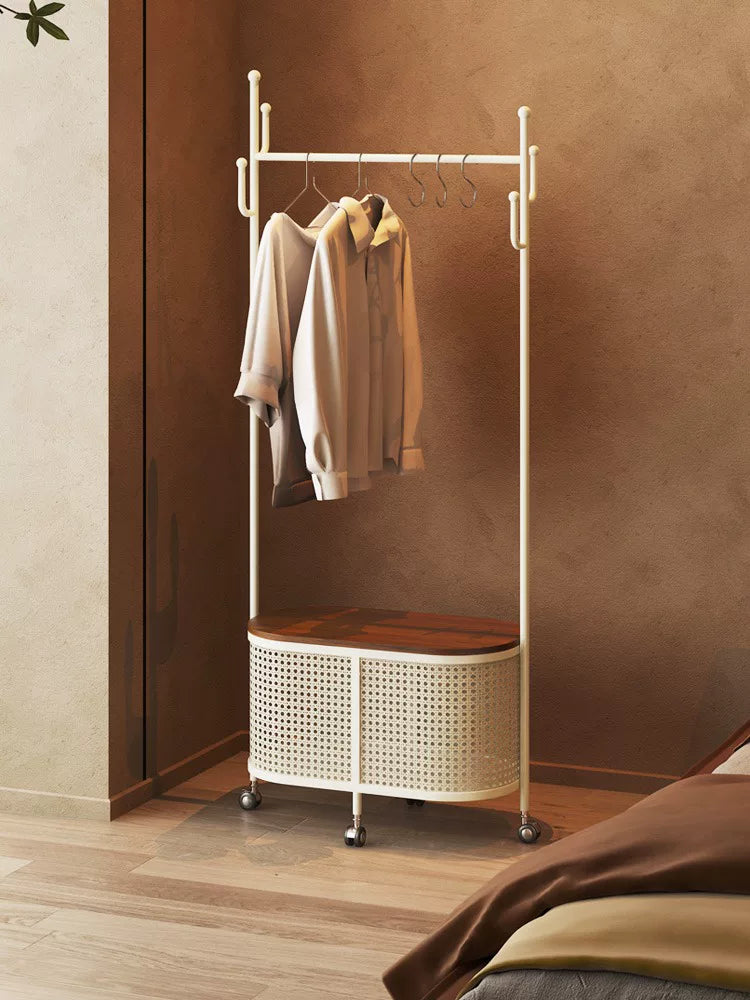 Freestanding Rattan-Style Clothes Rack with Laundry Hamper and Storage Shelf