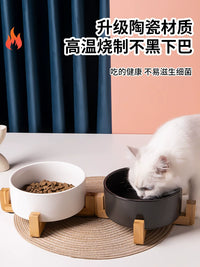 Ceramic Pet Bowl with Wooden Stand for Cats and Small Dogs, Elevated Food and Water Dish, Anti-Tip, Neck Protection