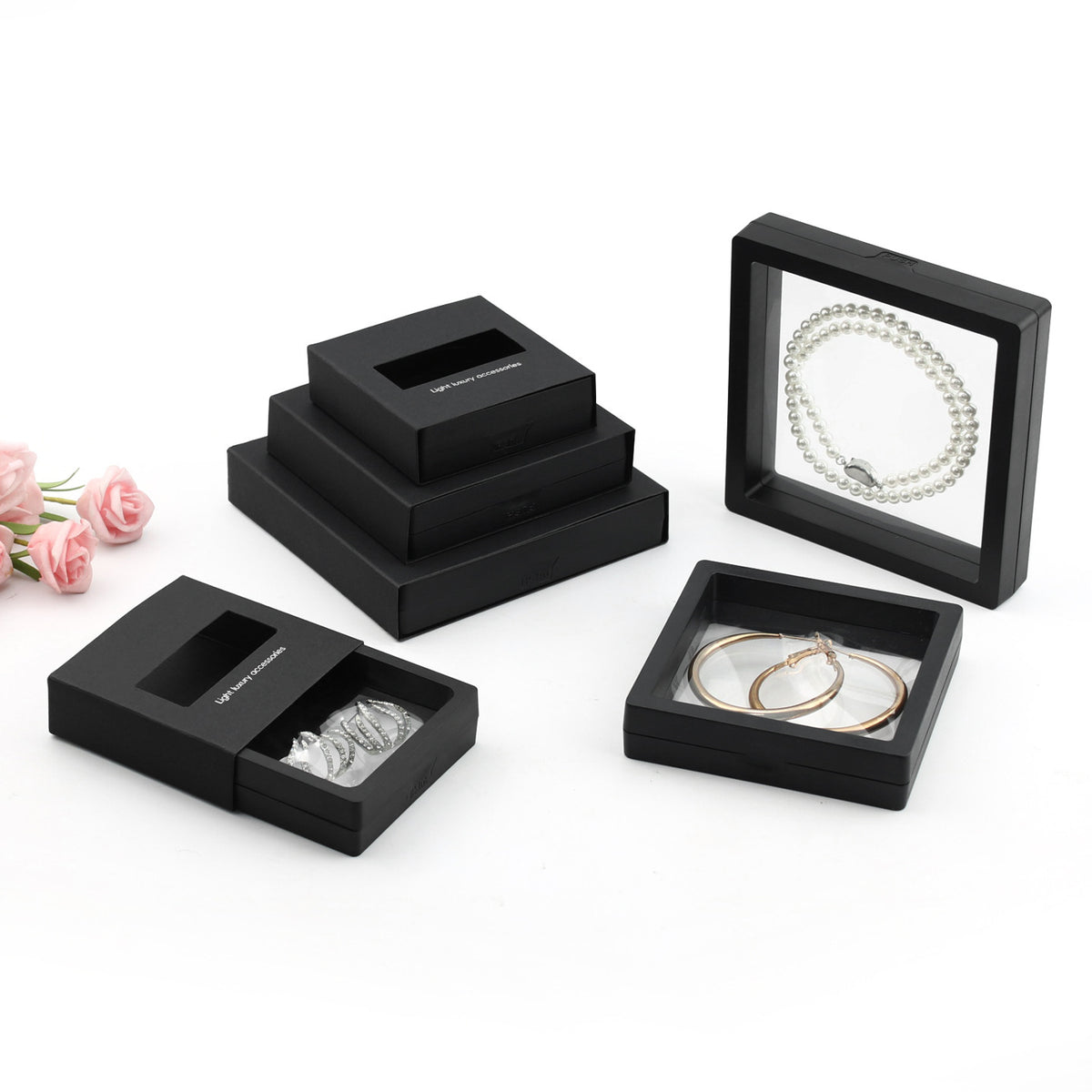 Wholesale Anti-Oxidation PE Film Jewelry Display Box with Hollow Paper Sleeve for Rings and Earrings