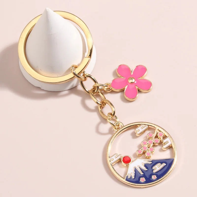 Mount Fuji Alloy Enamel Keychain with Cherry Blossom Design for Bags and AirPods