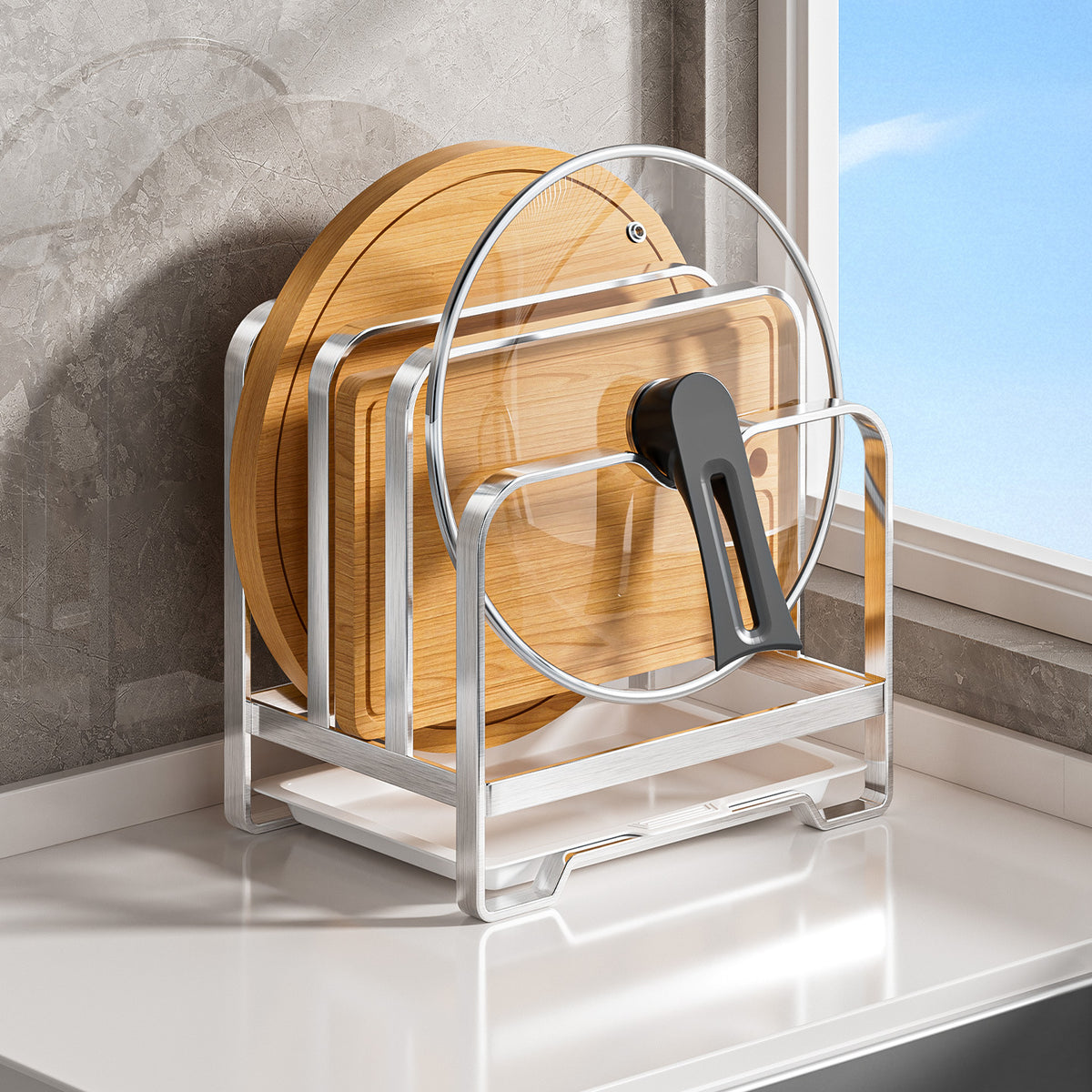 Stainless Steel Pot Lid and Cutting Board Holder, Kitchen Countertop Organizer with Drain Rack