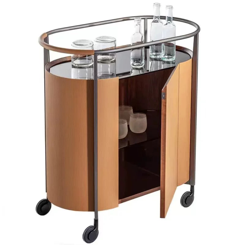 Italian Minimalist Mobile Bar Cart with Wheels, Tempered Glass Side Table, Small Wine Cabinet