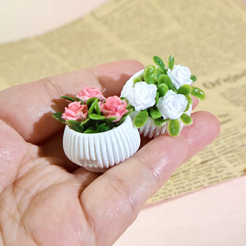 Miniature Artificial Rose Potted Plant for DIY Dollhouse Garden Decor