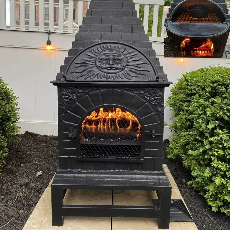 Outdoor Wood-Burning Fire Pit with Pizza Oven for Patio Garden Heating and BBQ