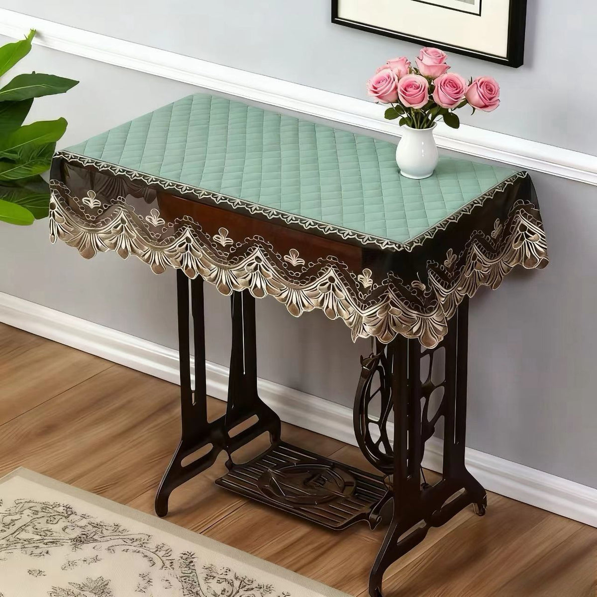 Vintage Sewing Machine Dust Cover with Lace Trim, Rectangular Fabric Protector for Treadle Machines