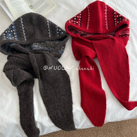 Jacquard Balaclava Hat for Women, Winter Warm Knitted Hood Scarf Combo