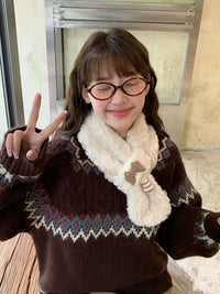 Japanese Style Cute Cartoon Cat Plush Cross Scarf for Women, Winter Warm Neck Warmer