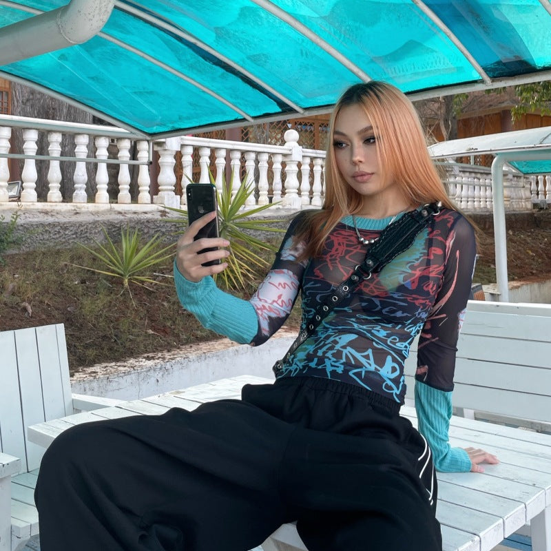 Women's European Style Mesh Print Long Sleeve T-Shirt