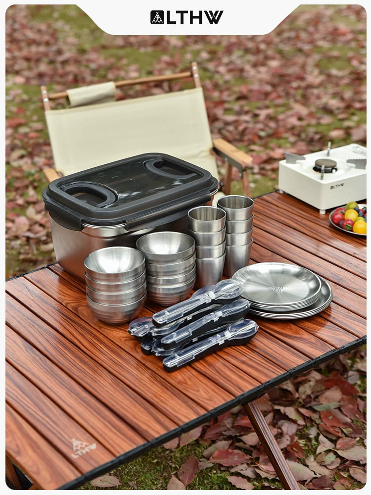 LTHW Portable Outdoor Camping Dinnerware Set - 304 Stainless Steel Bowls, Plates, Cups, Chopsticks, Spoons