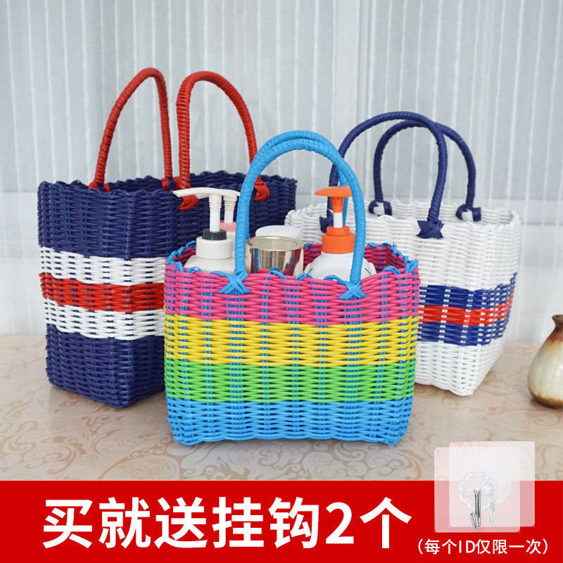Plastic Woven Storage Basket with Handle for Shopping, Picnics, and Organization