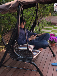 Outdoor Wicker Swing Chair with Cushions, 3-Seater Patio Porch Hammock