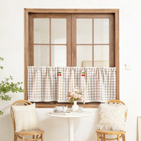 Khaki Plaid Half Curtain for Cabinets & Windows, Japanese Style Cafe Tier Curtain, Semi-Blackout with Cherry Decor