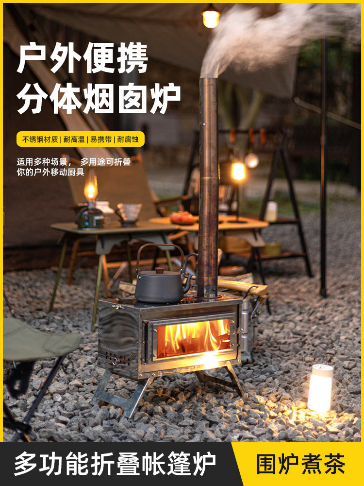 Outdoor Camping Tent Glass Stove Portable Stainless Steel Wood Burning Heater with High Temperature Resistance