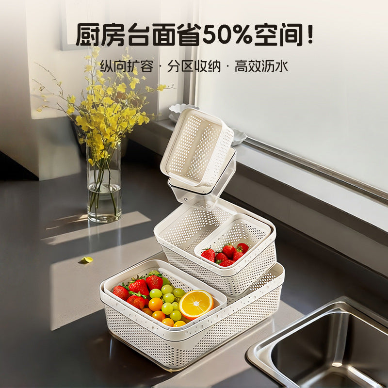 Square Kitchen Drain Basket Set - Thickened Double-Layer Washing Basin for Sink