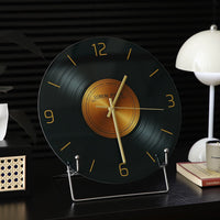 Retro Vinyl Record Desktop Clock with Stand, Italian Minimalist Tempered Glass Table Clock for Living Room Decor