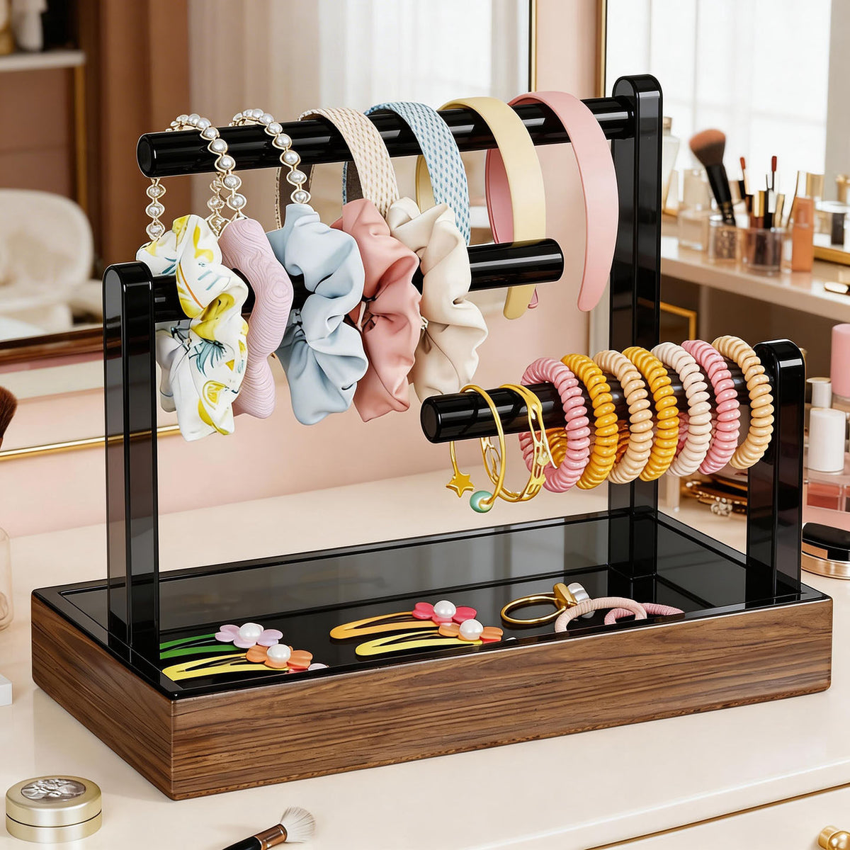 Wooden Jewelry Organizer Stand for Dresser, Large Capacity Hair Accessories Storage Rack, Desktop Necklace Display Holder
