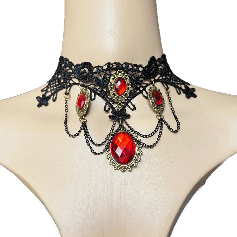 Gothic Ruby Teardrop Lace Necklace & Earrings Set for Halloween