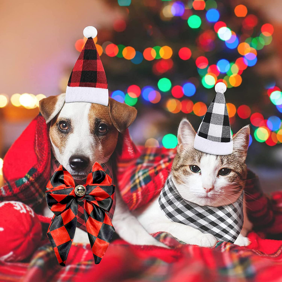 Pet Christmas Hat and Bow Tie Set with Bell for Dogs and Cats, Adjustable