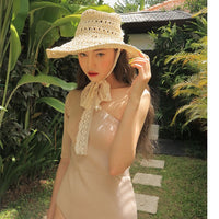 Women's Wide Brim Lace Sun Hat - Foldable Crochet Straw Beach Hat for Vacation