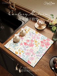 American Style Pink Floral Diatomaceous Earth Absorbent Mat for Coffee Machine Kitchen Countertop Dishes Cups
