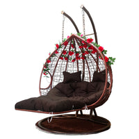 Double Pole Outdoor Swing Basket Chair with Footrest, Rattan Hanging Chair for Indoor Balcony Leisure
