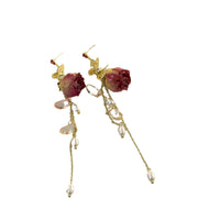New Vintage Preserved Rose Flower Shell Pearl Tassel Earrings for Women