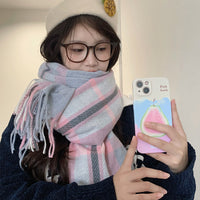 Plaid Cashmere-Feel Scarf for Women, Thickened Warm Winter Neck Wrap with Tassels