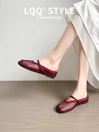 Women's Leather Rhinestone Fishnet Wedge Sandals with Hidden Heel