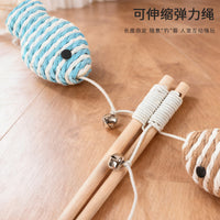 Interactive Wooden Cat Wand Toy with Paper Rope Fish and Elastic String