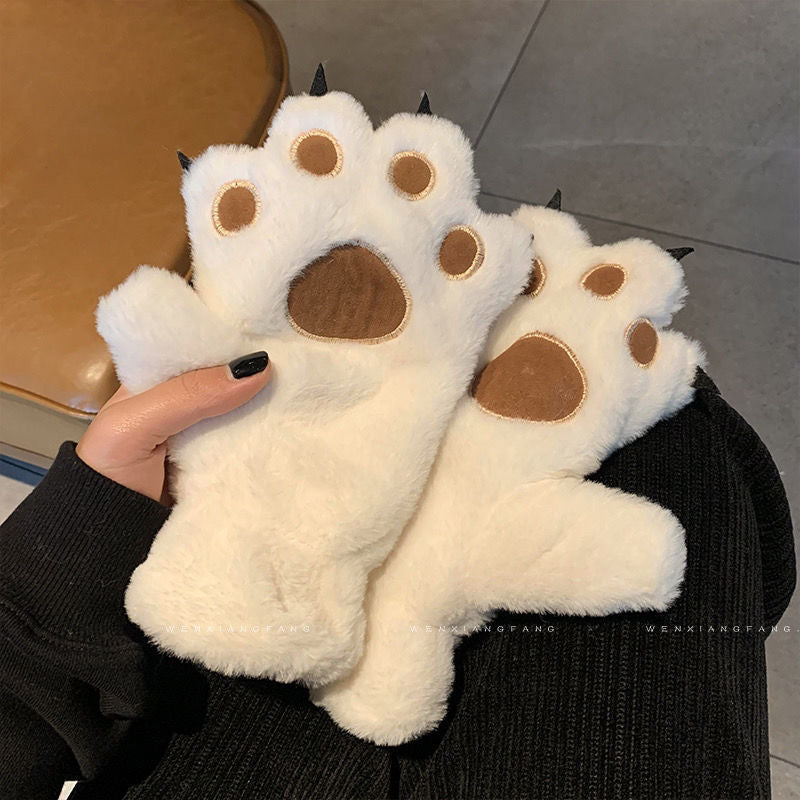 Plush Cat Paw Winter Gloves for Women - Warm, Windproof, and Thickened for Cycling