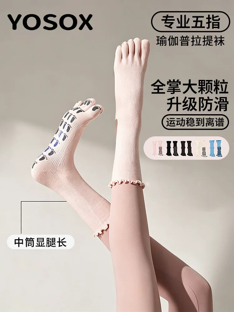 Women's Non-Slip Yoga Pilates Socks with Toes for Indoor Fitness Training