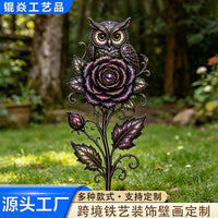 Rose Owl Garden Stake Metal Outdoor Yard Art Decor