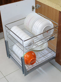 Stainless Steel Double-Layer Kitchen Cabinet Pull-Out Basket for Pots, Pans, Dishes, and Utensils with Damping Slides