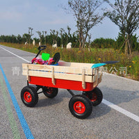 Outdoor Garden Wooden Wagon Cart Heavy Duty Yard Utility Dolly with Pull Handle