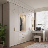 Nordic Style Solid Wood Wardrobe with Glass Doors, Integrated Desk, Storage Cabinet for Small Apartments and Rental Rooms