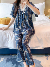 Women's Cotton Pajama Set Short Sleeve Breathable Sleepwear with Princess Style