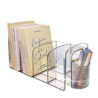 Clear Acrylic Desktop Bookends with Pen Holder for Office and Student Desk Organization