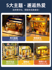 DIY Japanese Miniature Dollhouse Kit with LED Lights and Music Box - Sushi Restaurant Model Building Set
