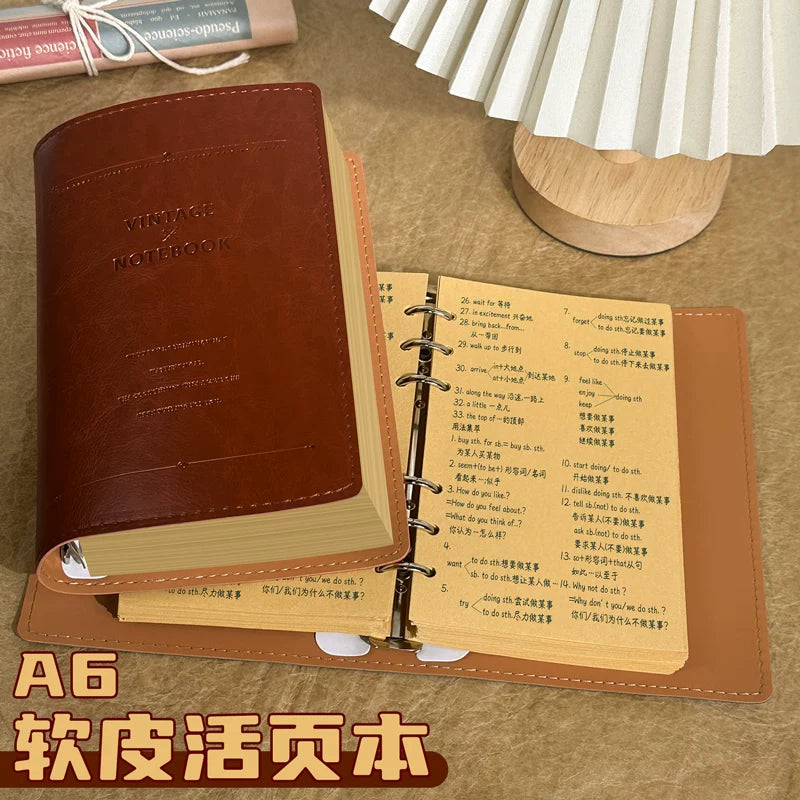 A6 Refillable Kraft Paper Notebook with Soft Leather Cover, Vintage Style for Office and Business, Detachable Lined Pages