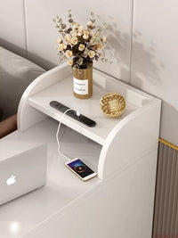 Living Room Sofa Side Table with Power Outlets, Mobile End Table with Wheels, Narrow Armrest Cabinet
