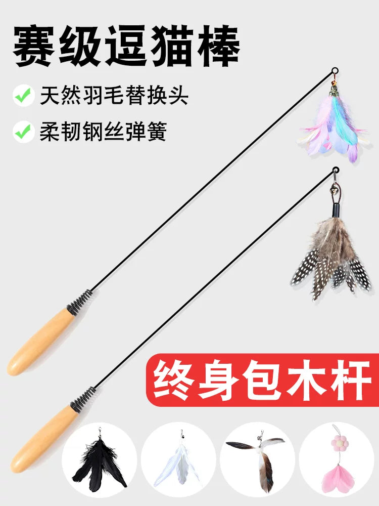 Cat Teaser Wand Toy with Feather Refills and Bell for Kittens and Cats