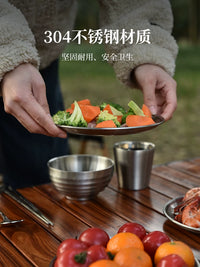 LTHW Portable Outdoor Camping Dinnerware Set - 304 Stainless Steel Bowls, Plates, Cups, Chopsticks, Spoons