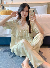 Women's Cotton Rayon Ruffle Pajama Set Short Sleeve Top and Shorts for Summer