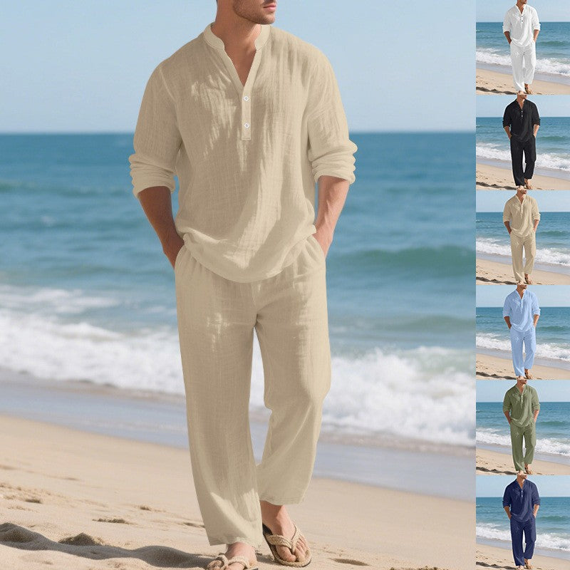 Men's Loose Fit V-Neck Henley Shirt & Long Pants Linen Blend Casual Set