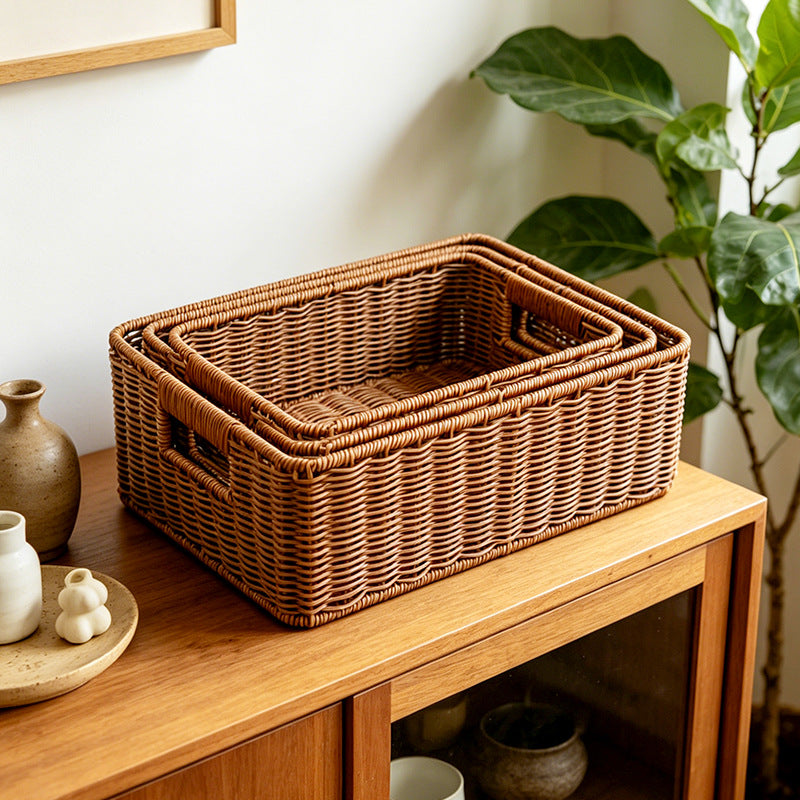 Handwoven Rattan Storage Basket with Iron Frame for Home and Office Organization