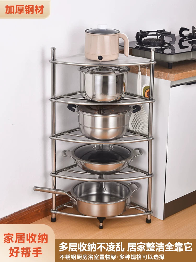 Thickened Stainless Steel Corner Storage Rack for Kitchen, Multi-layer Floor-standing Pot Rack