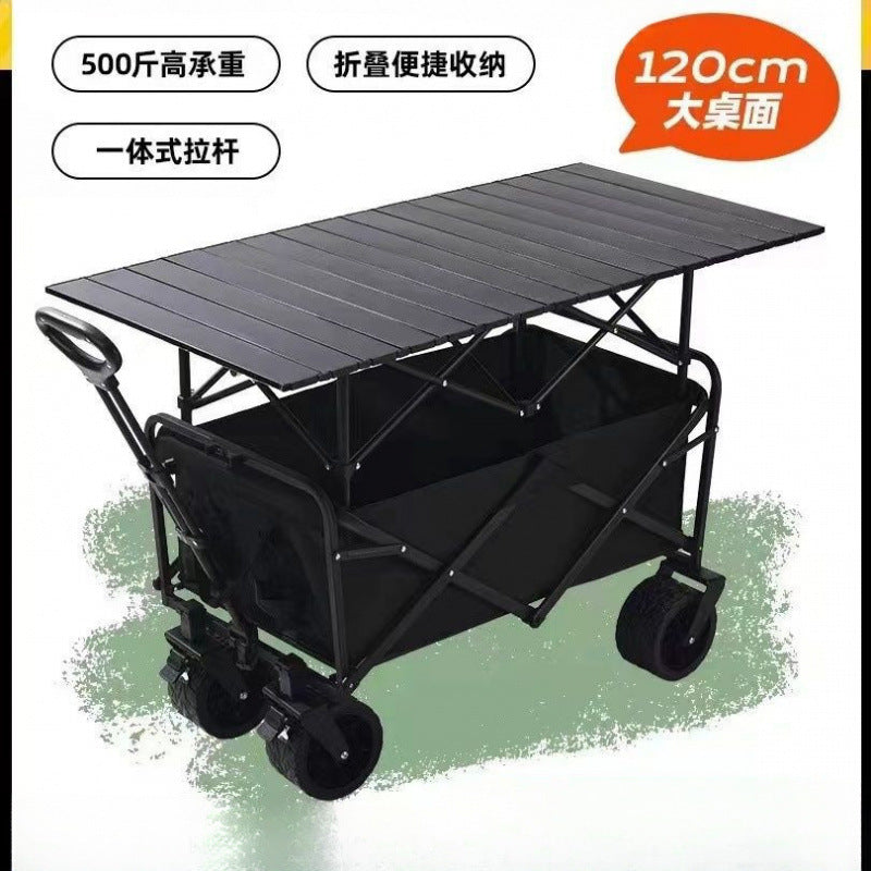 Portable Folding Camping Cart with Wheels and Liftable Tabletop for Outdoor Stalls and Picnics