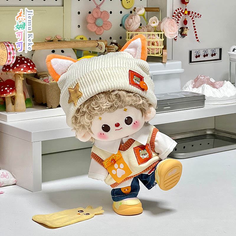 Sweet Orange Fox Shadow Doll Clothes Set for Cotton Dolls, 10-20cm Outfits with Hat